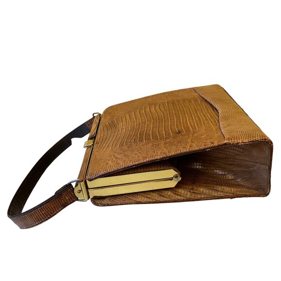 Snakeskin Print Faux Leather Vintage 70's Handbag Hinged Structured - Picture 10 of 12